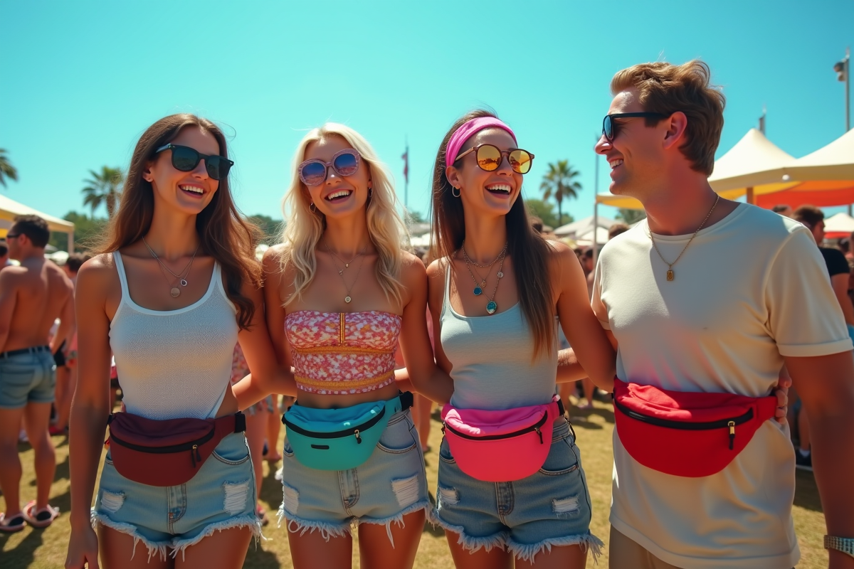 Groupe d amis avec sacs banane lors d un festival d été