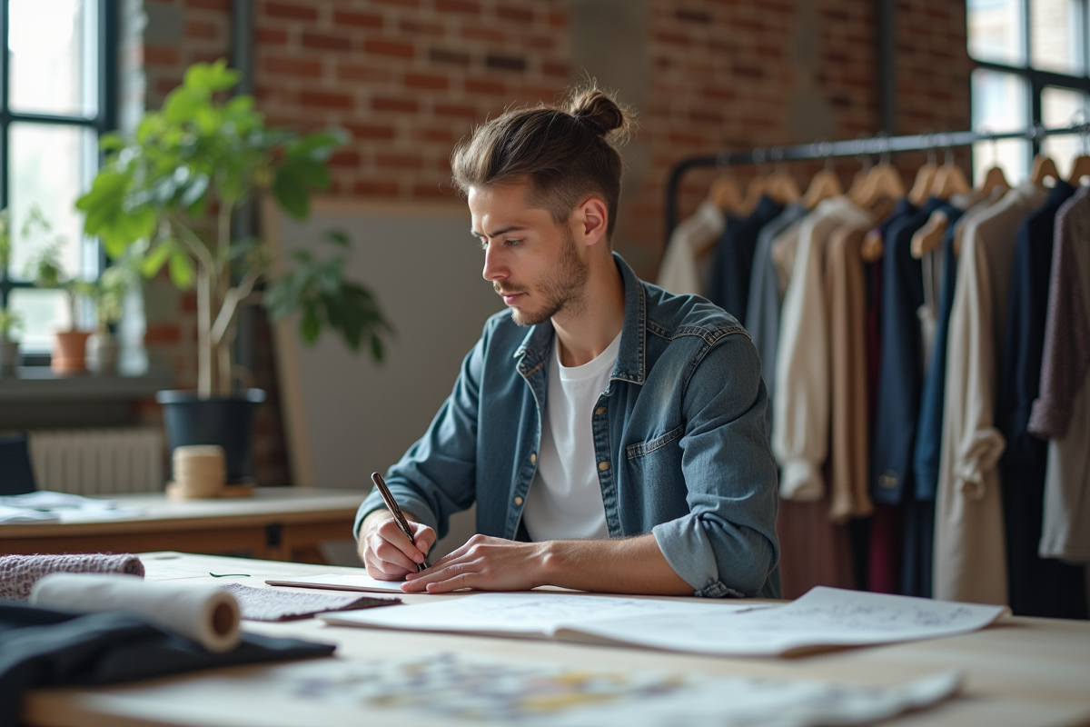 Jeune designer en studio créatif avec tissus et croquis
