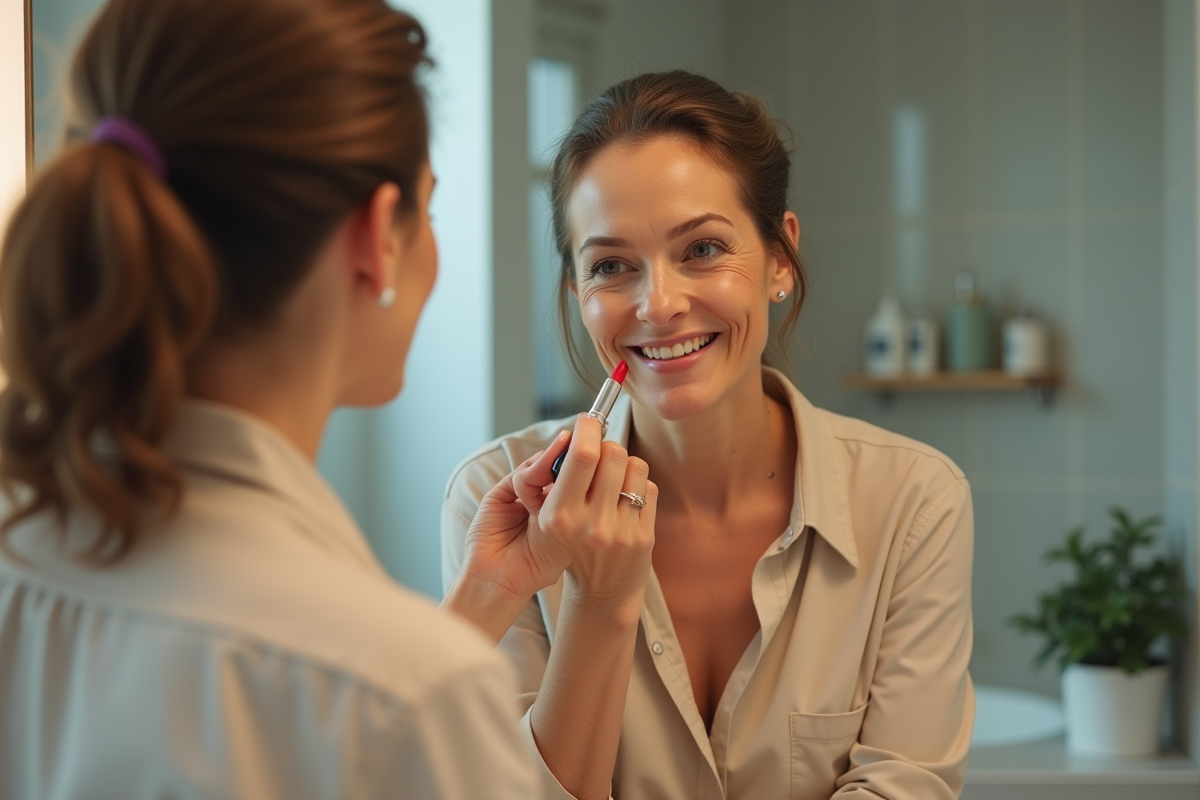 Femme appliquant du rouge à lèvres dans la salle de bain