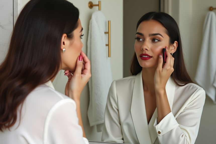 Femme élégante appliquant rouge à lèvres dans salle de bain