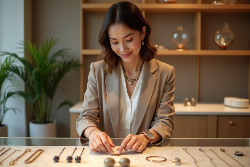 Femme élégante choisissant des bijoux dans une boutique moderne