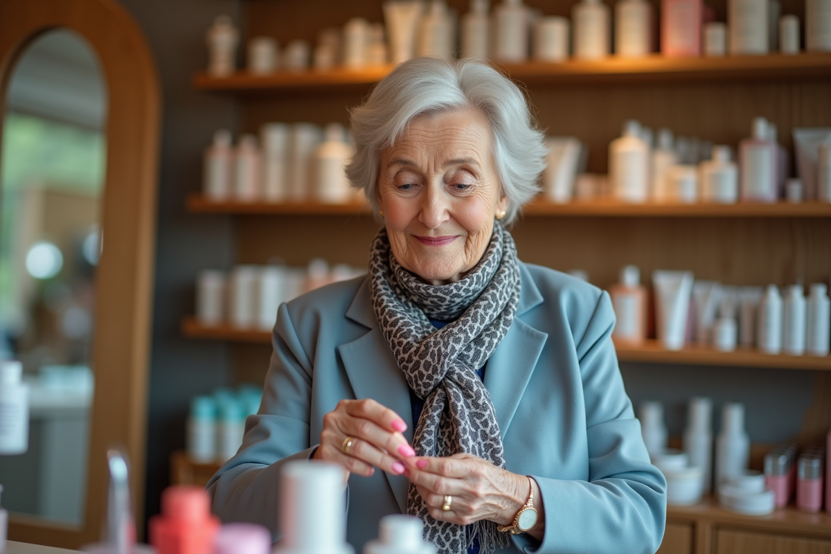 Femme testant un rouge à lèvres dans une boutique de beauté