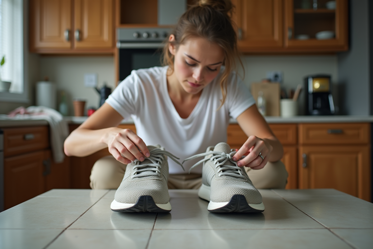 Jeune femme examinant ses chaussures de course usées