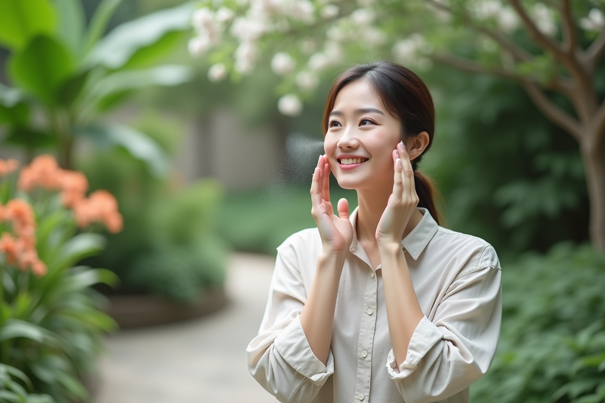 Femme coreenne vaporisant soin visage dans un jardin