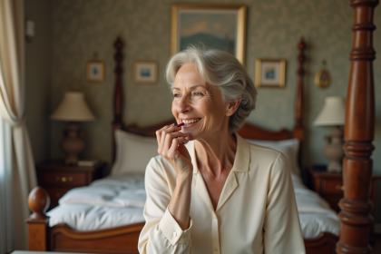 Femme élégante appliquant un rouge à lèvres rose devant un miroir
