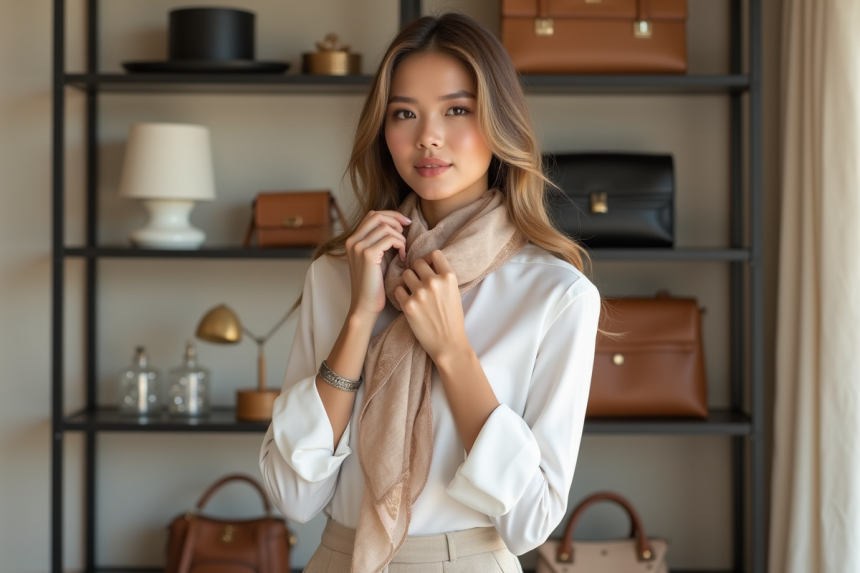 Femme élégante arrangeant un foulard en soie dans un appartement moderne