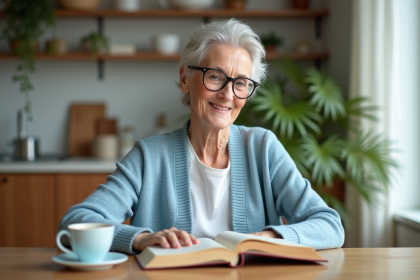 Femme élégante lisant un livre dans une cuisine lumineuse