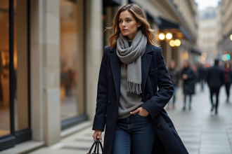 Femme élégante en manteau bleu et foulard chic dans une rue urbaine