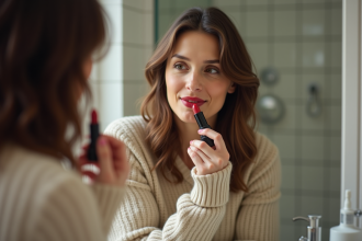 Femme se maquillant au miroir avec rouge à lèvres rouge