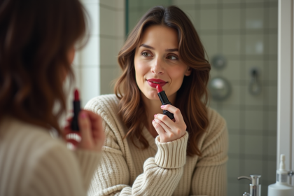 Femme se maquillant au miroir avec rouge à lèvres rouge