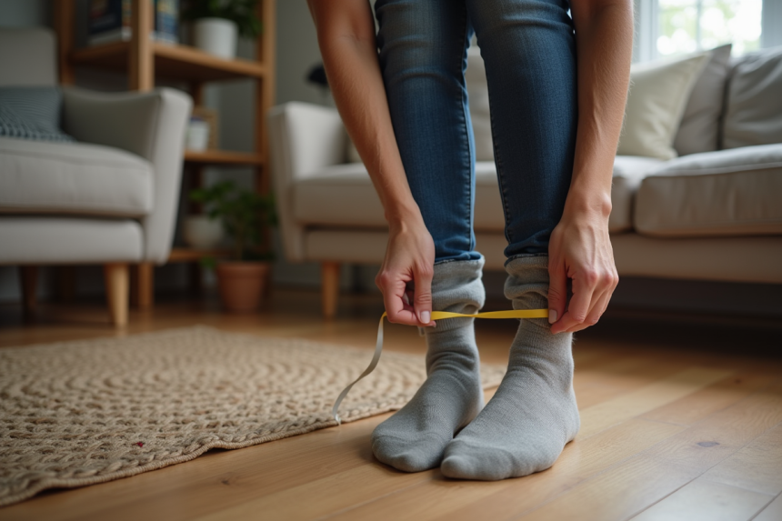 Femme mesurant son pied avec un ruban dans un salon cosy