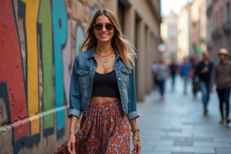 Femme élégante marche dans la ville avec jupe et accessoires
