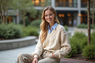 Femme élégante en pull pastel dans un parc urbain