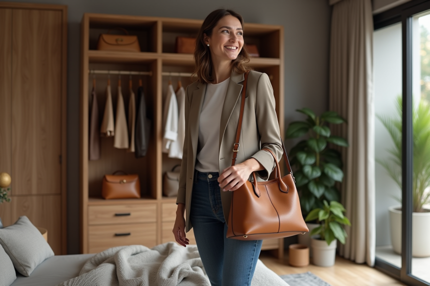 Femme souriante avec sac en cuir dans une chambre moderne