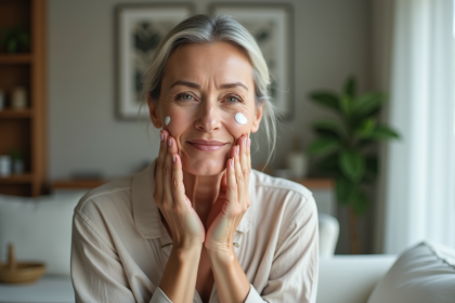 Femme d'âge moyen appliquant une crème visage naturelle