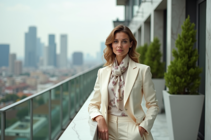 Femme élégante en tailleur crème sur une terrasse urbaine