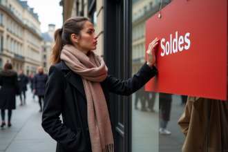 Femme élégante regardant un panneau soldes dans une boutique