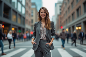 Femme élégante dans la ville avec sourire confiant