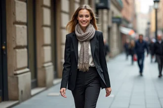 Jeune femme élégante en ville avec tenue smartcasual