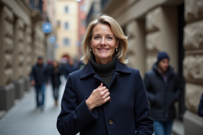 Femme en manteau navy dans une ville en automne