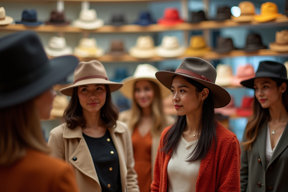 Groupe de personnes essayant des chapeaux dans une boutique lumineuse