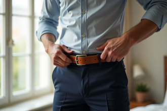 Homme ajustant une ceinture en cuir marron sur son pantalon navy
