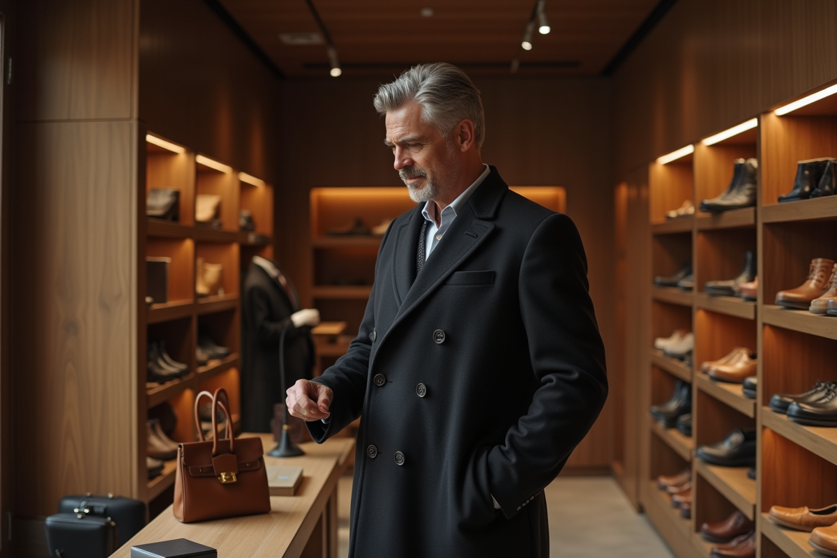 Homme sophistiqué dans une boutique de luxe regardant des accessoires