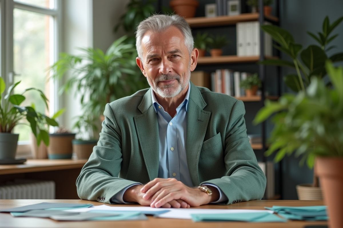 Homme d age dans un bureau avec plantes vertes et swatches