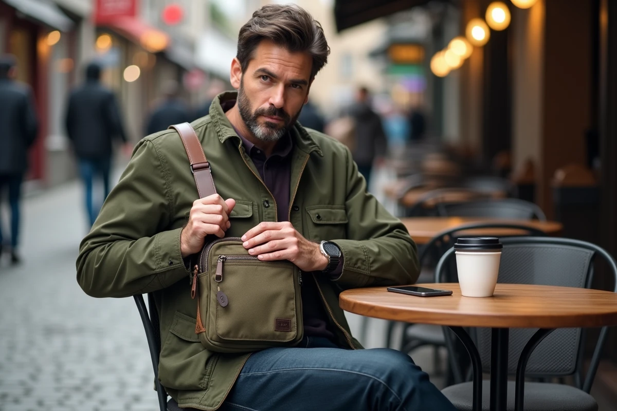 Homme ajustant son sac à main en ville lors d’un café en extérieur