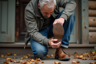 Homme inspectant la semelle d'une chaussure en cuir usée