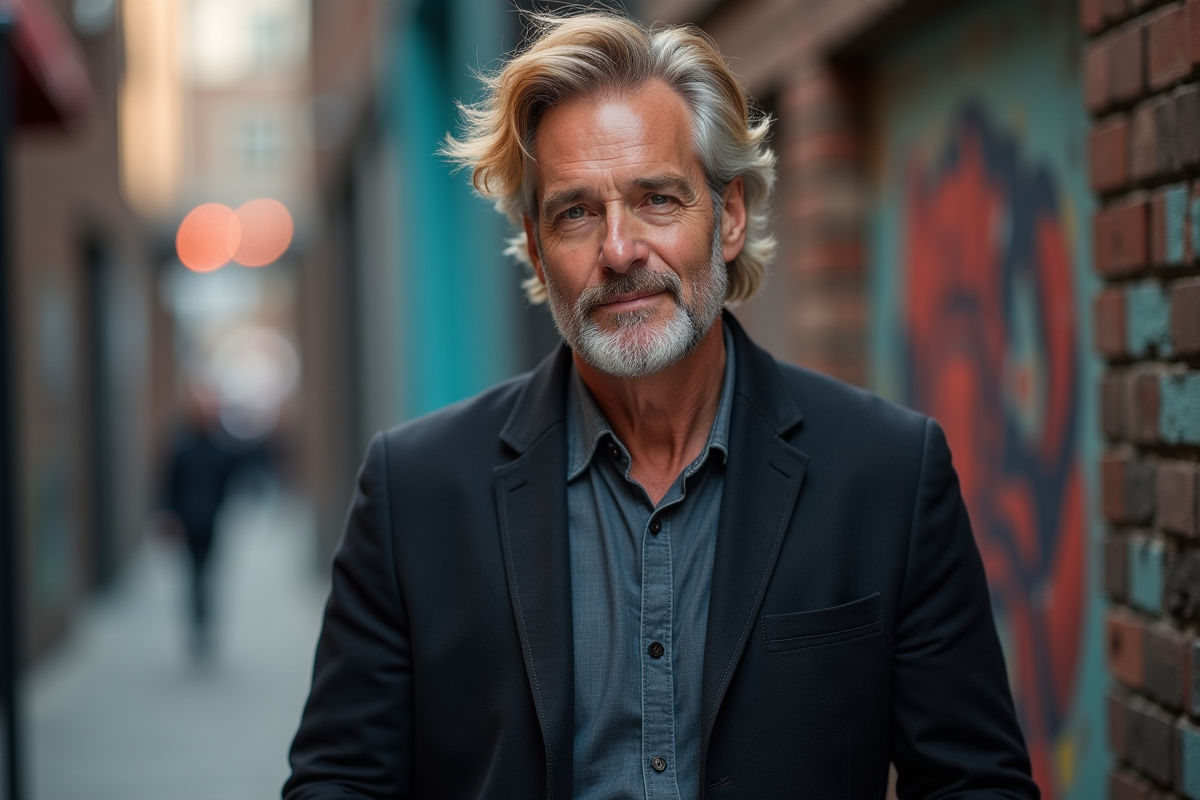 Homme aux cheveux cuivres dans un décor urbain avec murs en briques