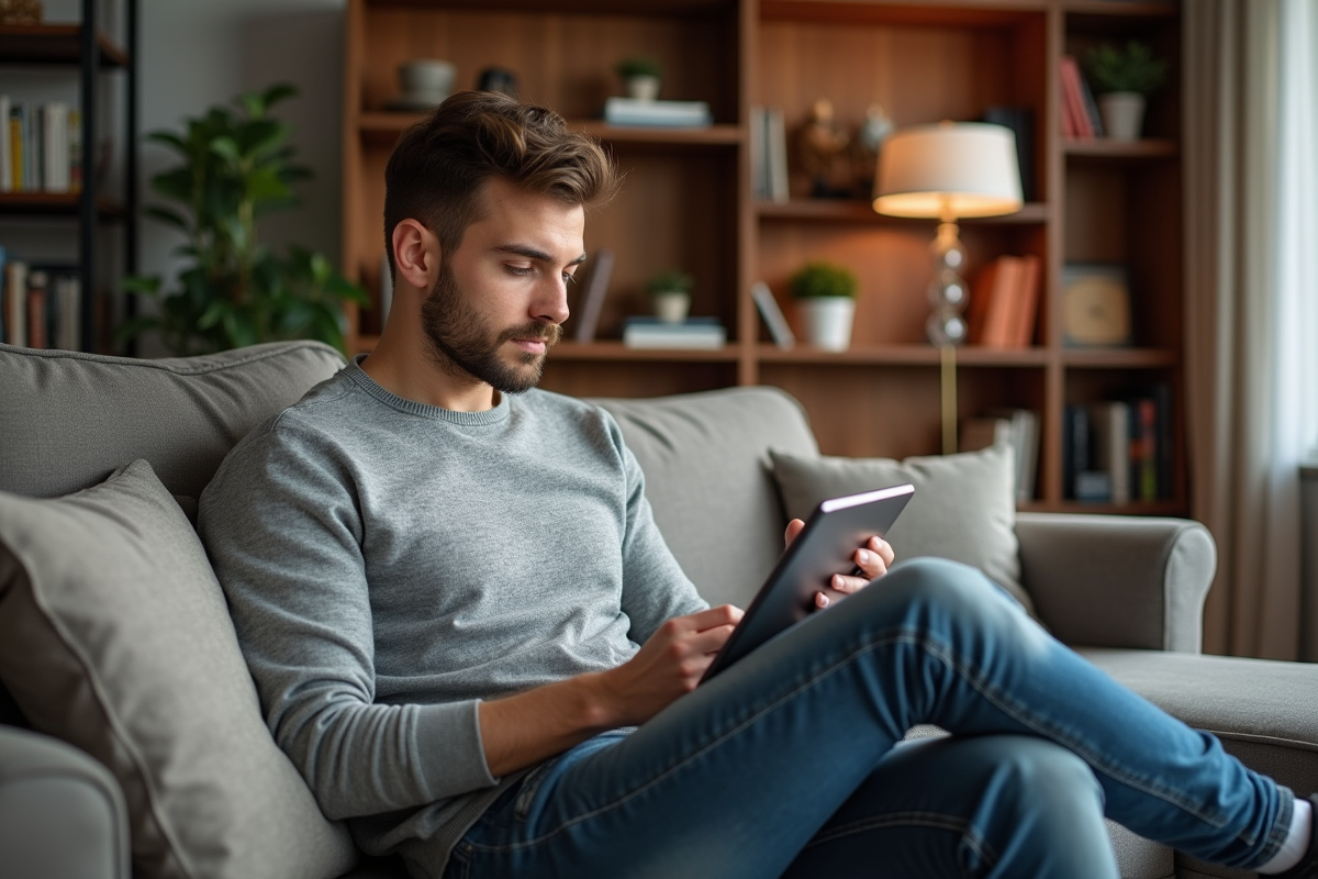 Homme décontracté utilisant une tablette dans un salon cosy