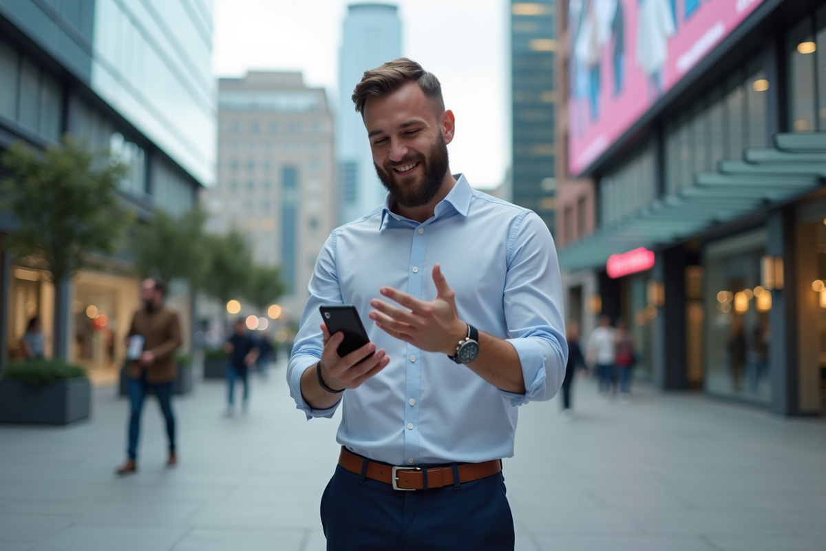 Homme avec barbe en ville regardant un livestream sur son smartphone