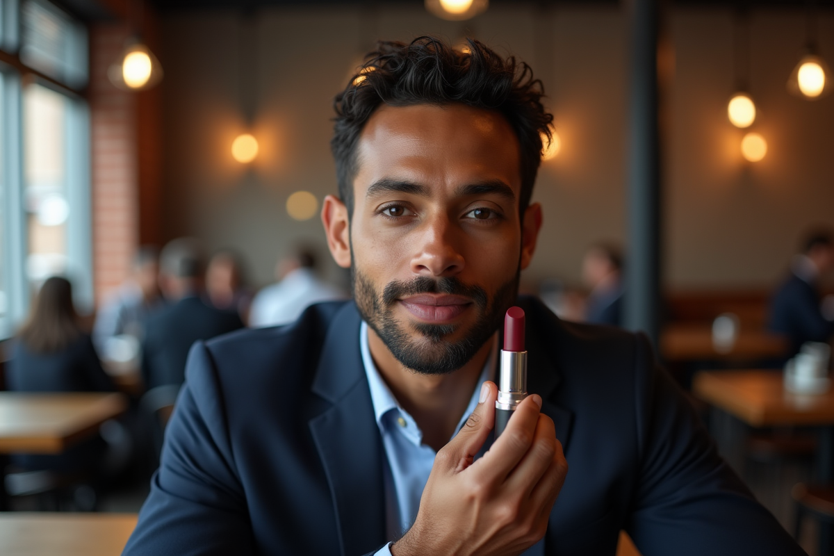 Homme professionnel appliquant rouge à lèvres dans café animé