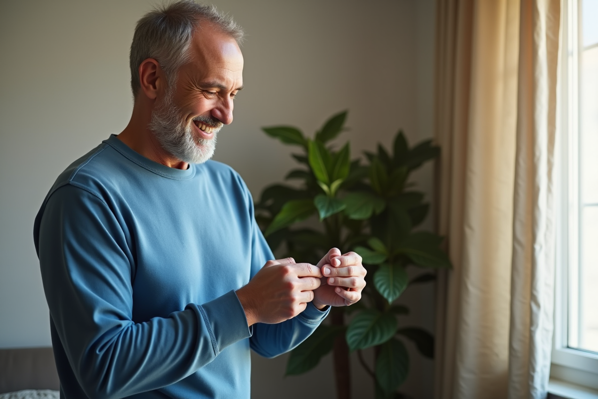 Homme souriant ajustant une bague en métal