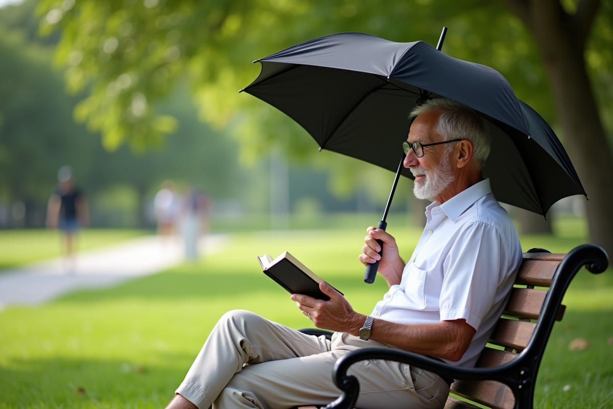 Homme âgé lisant sur un banc dans un parc en été