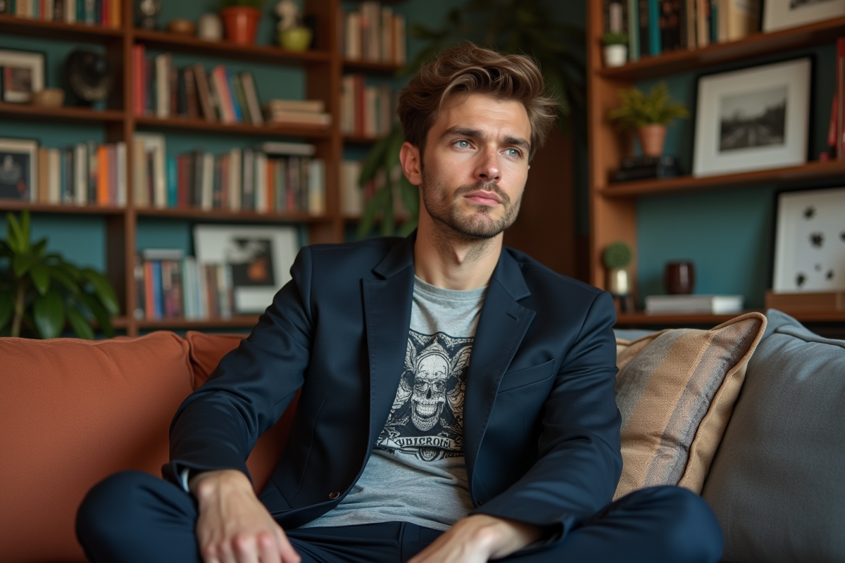 Homme en blazer dans un salon cosy et artistique
