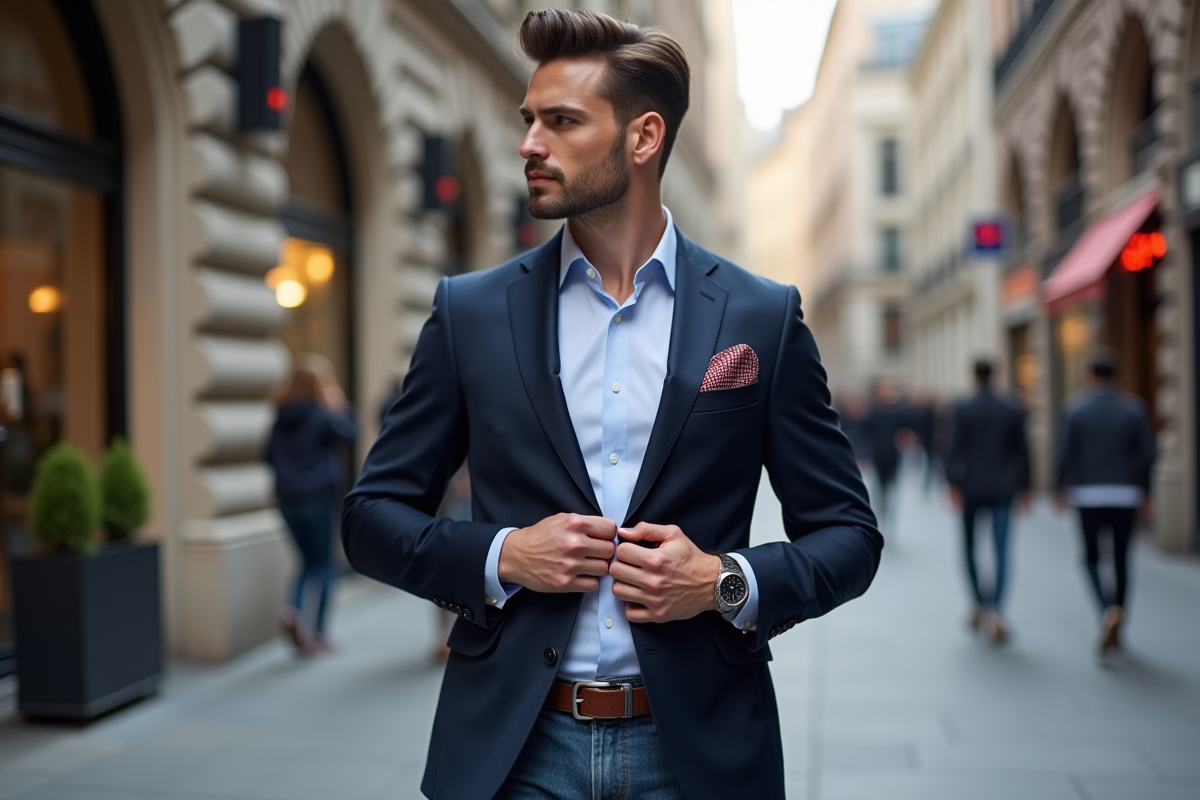 Homme en blazer navy plaçant un mouchoir de poche dans la rue