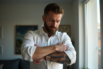 Homme avec tatouage sur l'avant bras dans un appartement lumineux