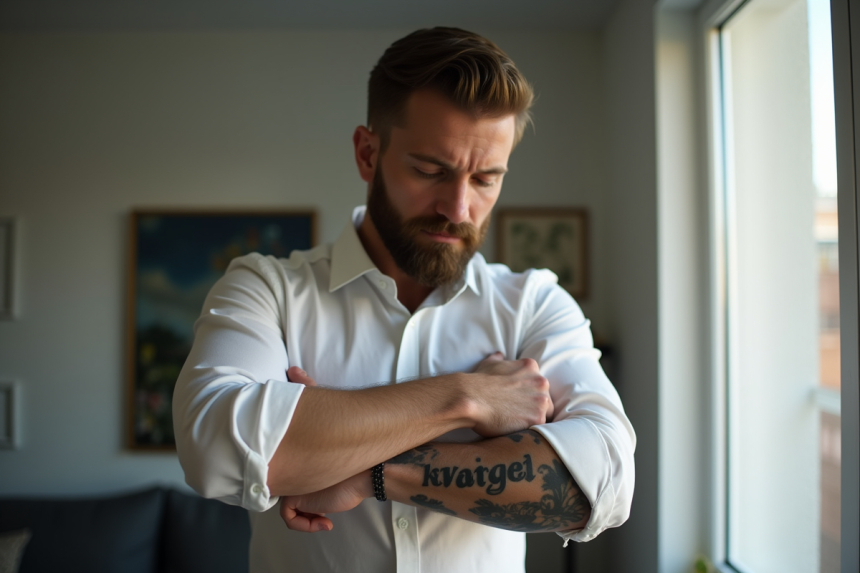 Homme avec tatouage sur l'avant bras dans un appartement lumineux
