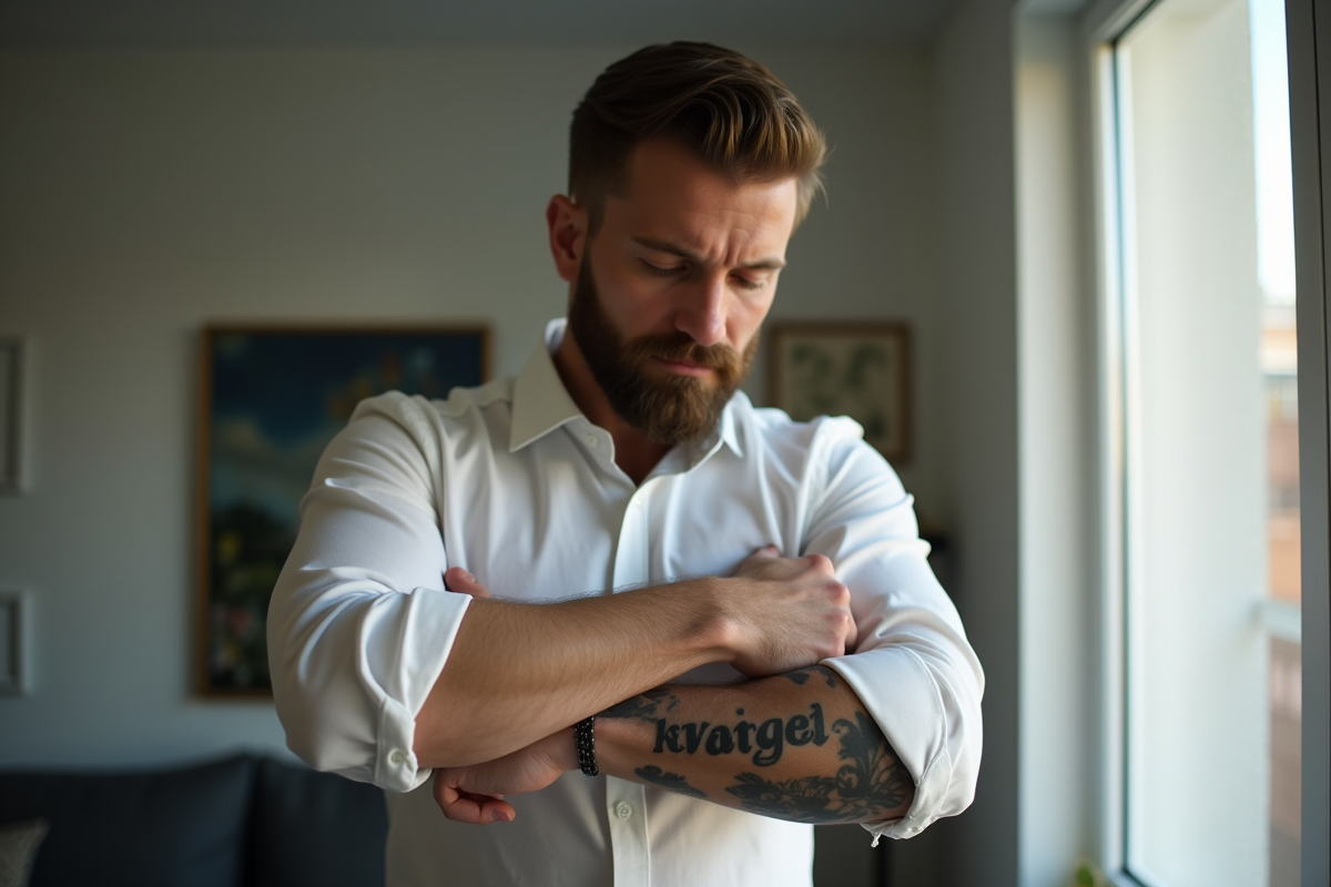 Homme avec tatouage sur l'avant bras dans un appartement lumineux
