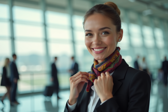 Hôtesse de l'air souriante dans un terminal moderne