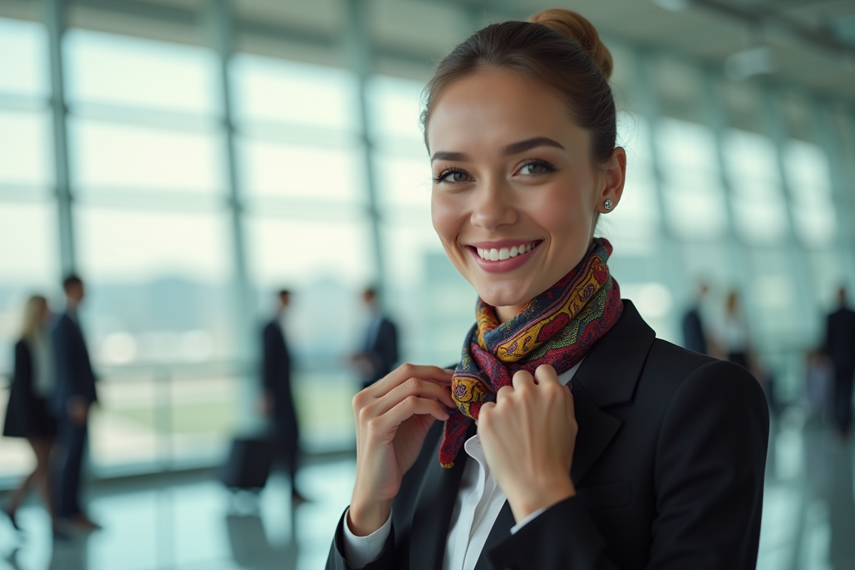 Hôtesse de l'air souriante dans un terminal moderne