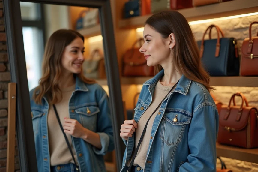 Jeune femme essayant diff&eacute;rents sacs &agrave; main dans une boutique &eacute;l&eacute;gante