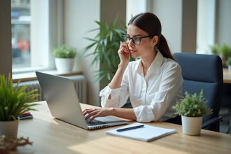 Jeune femme professionnelle travaillant sur un ordinateur dans un bureau lumineux