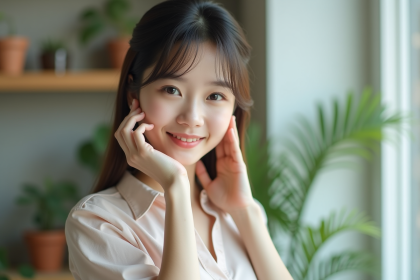 Jeune femme coreenne souriante en intérieur naturel