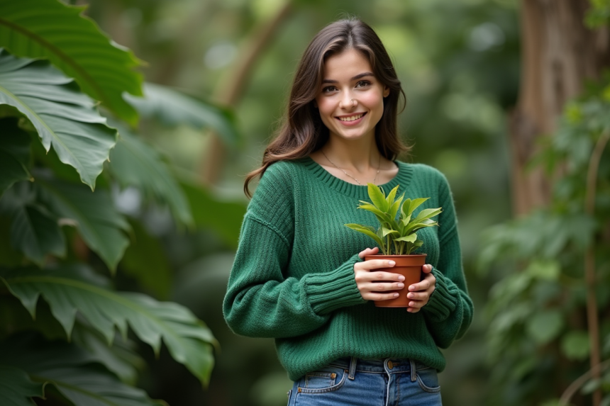 Jeune femme dans un jardin botanique avec plante en main
