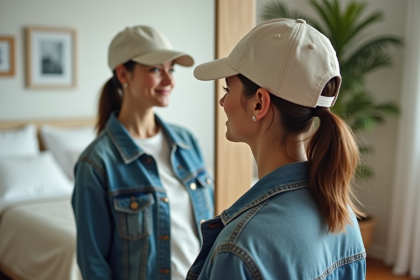 Jeune femme en denim et casquette regardant son reflet