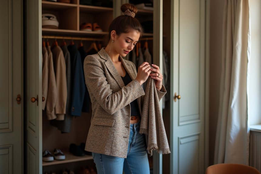 Jeune femme examine sa tenue dans une chambre élégante