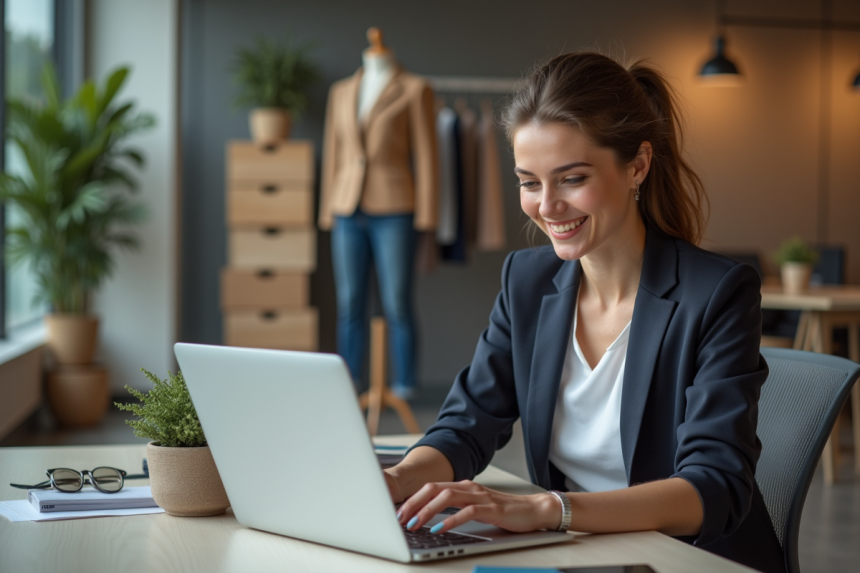 Jeune femme professionnelle étudie tendances mode au bureau